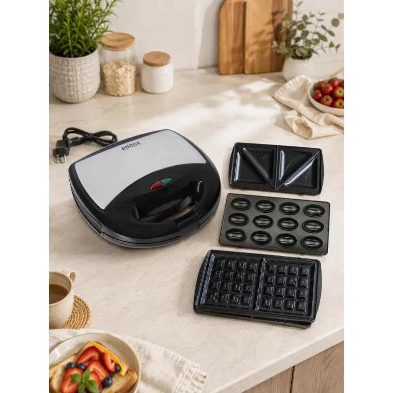 Brock SSM 2004 SS 3-in-1 sviestmaižu, vafeļu un riekstiņu gatavotājs, 750W, melns/nerūsējošais tērauds