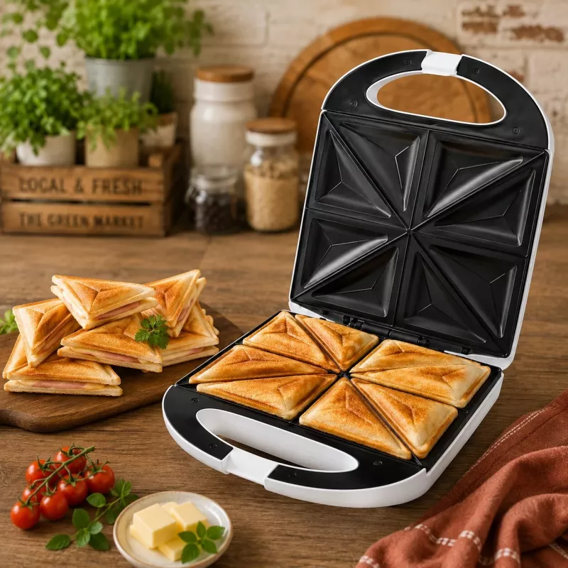 Brock SSM 3008 WH 8 šķēlumu XXL sviestmaižu gatavotājs, 1400W, nepiedegošas trīsstūrveida plāksnes, aukstai pieskaršanās rokturis, drošības slēdzene, vertikāla uzglabāšana, balts