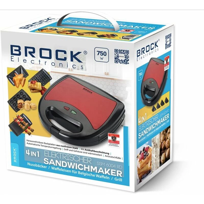 Brock SSM 6004 RD 4-in-1 sviestmaižu/riekstu vafelu/vafelu gatavotājs un grils 750 W, sarkans