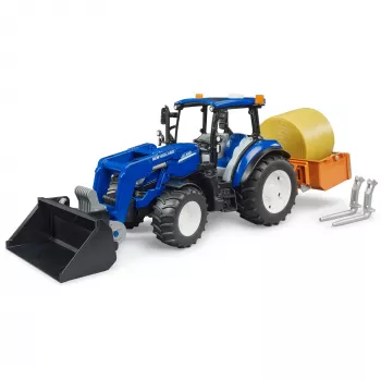 BRUDER New Holland T5.120 traktors ar priekšējo iekrāvēju, iekraušanas kasti un dakšām 1:16