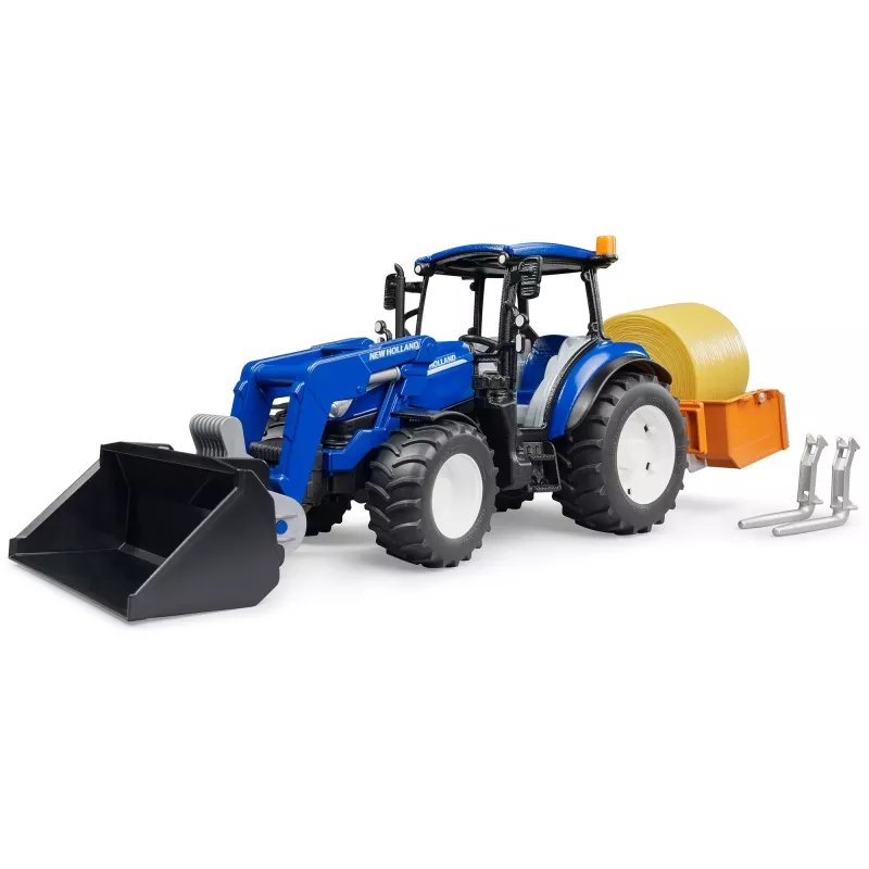 BRUDER New Holland T5.120 traktors ar priekšējo iekrāvēju, iekraušanas kasti un dakšām 1:16