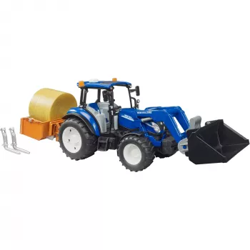 BRUDER New Holland T5.120 traktors ar priekšējo iekrāvēju, iekraušanas kasti un dakšām 1:16