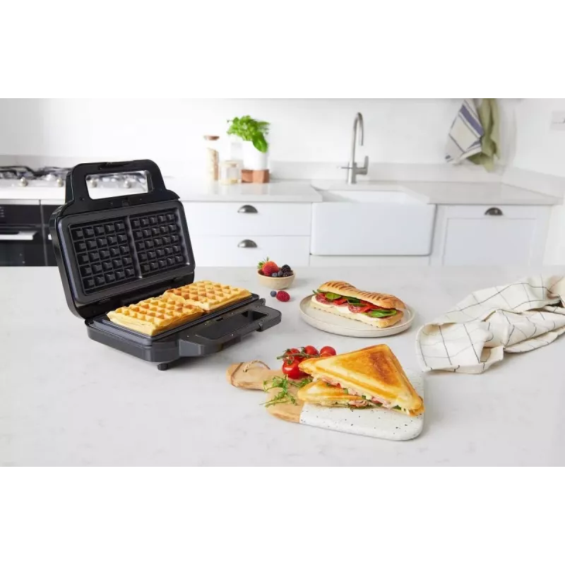 BRV VST098X 3-in-1 sviestmaižu gatavotājs, vafeļu pannas un grils, 850 W, DuraCeramic nepiedegošās plāksnes, melns/sudrabs