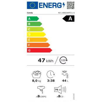 Candy RO 1486DWMT/1-S veļas mazgājamā mašīna, A, priekšējā ielāde, ietilpība 8 kg, dziļums 54 cm, 1400 RPM, balta