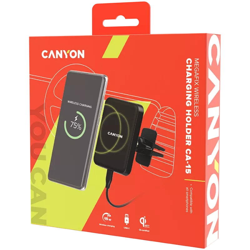 CANYON CH-15 Auto turētājs un bezvadu lādētājs MegaFix, 15W, USB-C, Melns