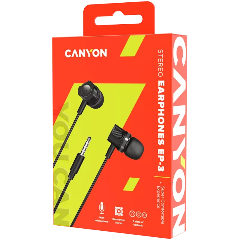 CANYON EP-3 Iekšējās austiņas ar mikrofonu, 1,2 m plakans kabelis, tumši pelēka