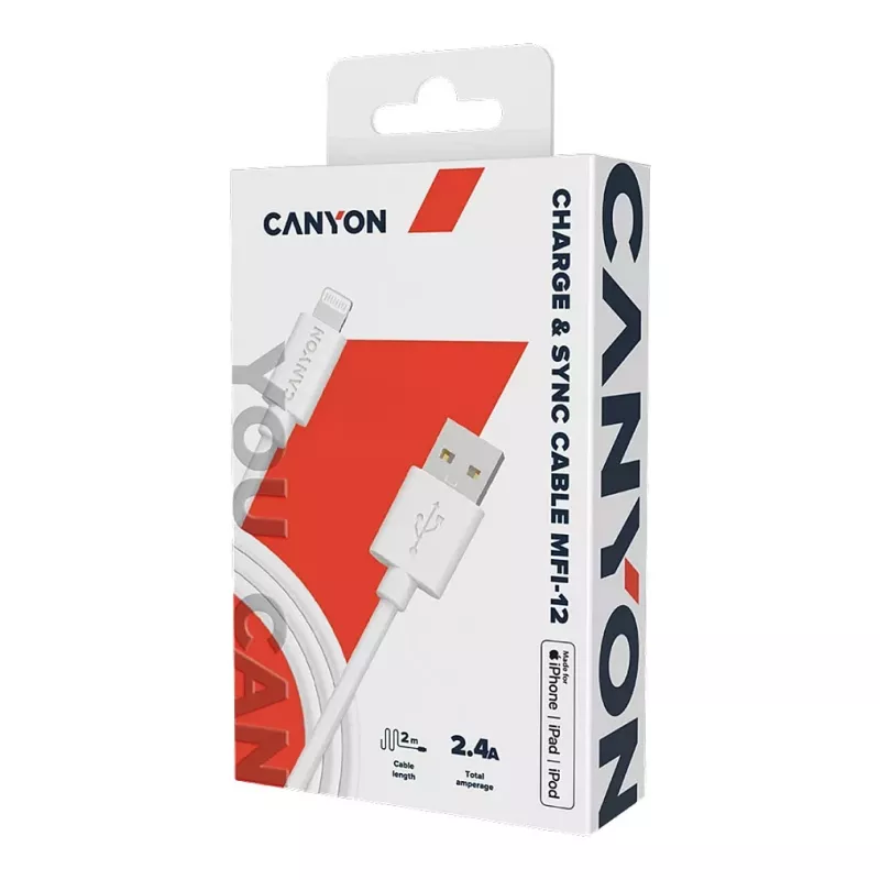 CANYON MFI-12 USB-A uz Lightning kabelis 2m Balts