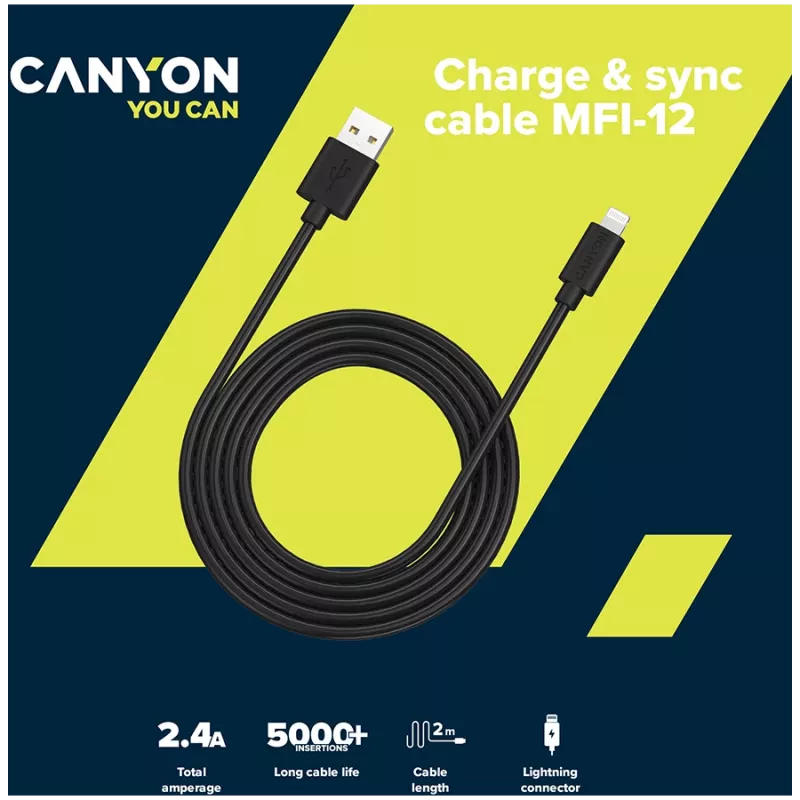 CANYON MFI-12 USB-A uz Lightning kabelis 2m Balts