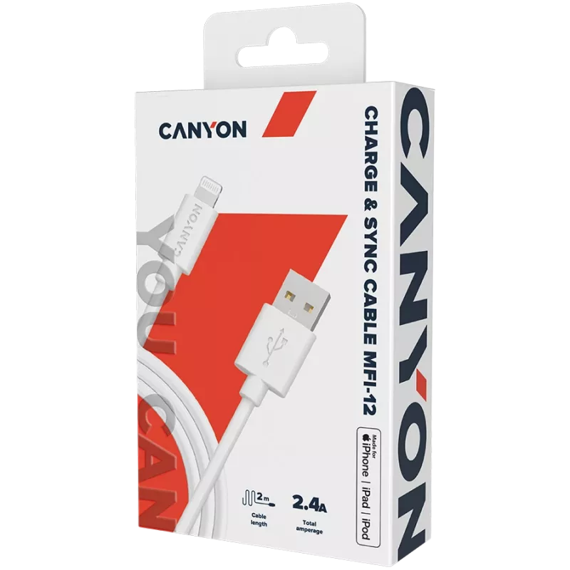 CANYON MFI-12 USB-A uz Lightning kabelis 2m Balts