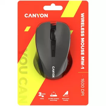 CANYON MW-1 bezvadu optiskā pele - 2.4 GHz, 1600 DPI, pelēka