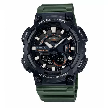 CASIO AEQ-110W-3A Vīriešu analog-digitālais pulkstenis, 52,2 mm, zaļa sveķu lente