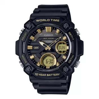 CASIO AEQ-120W-9A vīriešu analogi-digitālais pulkstenis, 53.3mm, melns sveķu korpuss, melns sveķu siksniņa, zelta akcenti