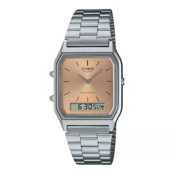 CASIO AQ-230A-4A Unisex Analog-Digital Watch, 38.8mm, Silver-tone Case, Red Dial, Stainless Steel Band