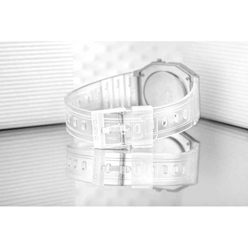Casio F-91WS-7DF digitālais pulkstenis – caurspīdīgs balts sveķu korpuss, unisex, kvarca, LED fona apgaismojums, ūdensizturīgs 3 ATM
