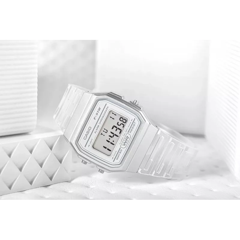 Casio F-91WS-7DF digitālais pulkstenis – caurspīdīgs balts sveķu korpuss, unisex, kvarca, LED fona apgaismojums, ūdensizturīgs 3 ATM