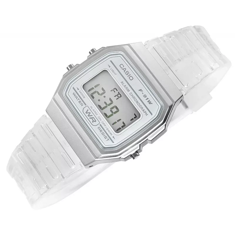 Casio F-91WS-7DF digitālais pulkstenis – caurspīdīgs balts sveķu korpuss, unisex, kvarca, LED fona apgaismojums, ūdensizturīgs 3 ATM
