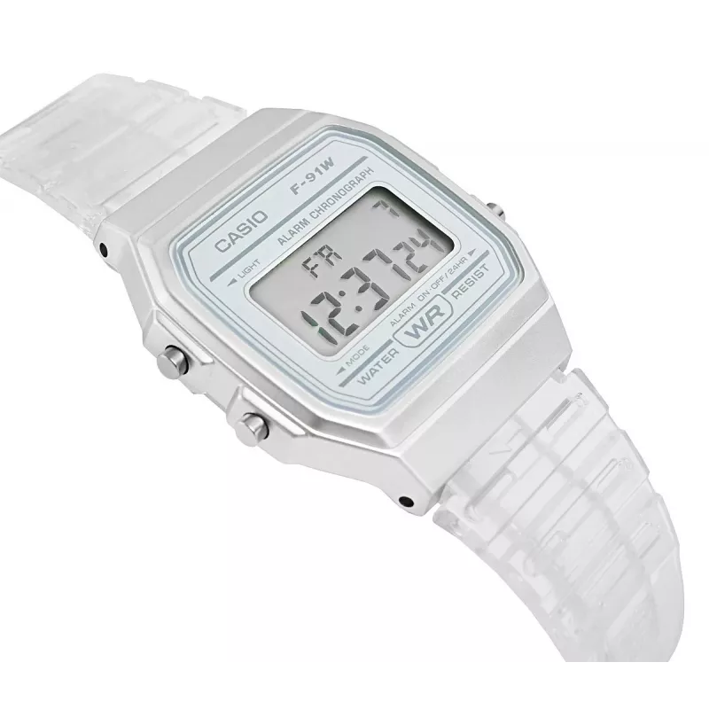 Casio F-91WS-7DF digitālais pulkstenis – caurspīdīgs balts sveķu korpuss, unisex, kvarca, LED fona apgaismojums, ūdensizturīgs 3 ATM