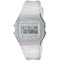 Casio F-91WS-7DF digitālais pulkstenis – caurspīdīgs balts sveķu korpuss, unisex, kvarca, LED fona apgaismojums, ūdensizturīgs 3 ATM