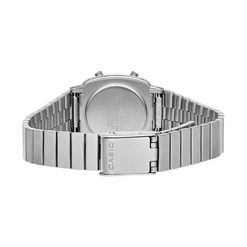 CASIO LA670WES-4AEF Sieviešu digitālais pulkstenis - rozā zelta ciparnīca, sudraba korpuss un aproce, 24 mm
