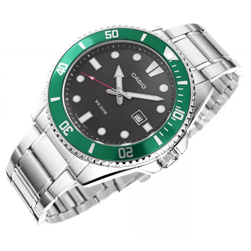 Casio MDV-107D-3AVEF Vīriešu analogais kvarca pulkstenis ar zaļu ciparnīcu un nerūsējošā tērauda aproci, 200m ūdensizturība