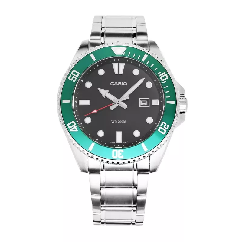 Casio MDV-107D-3AVEF Vīriešu analogais kvarca pulkstenis ar zaļu ciparnīcu un nerūsējošā tērauda aproci, 200m ūdensizturība