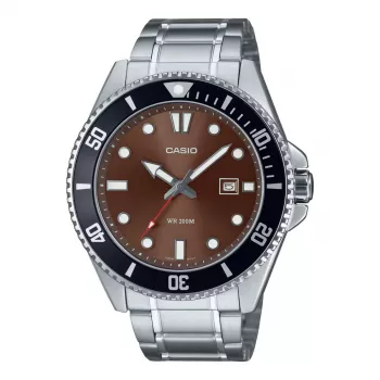 CASIO MDV107D5AVDF Vīriešu analogais kvarca pulkstenis, 42 mm, brūns ciparnīca, sudraba nerūsējošā tērauda aproce