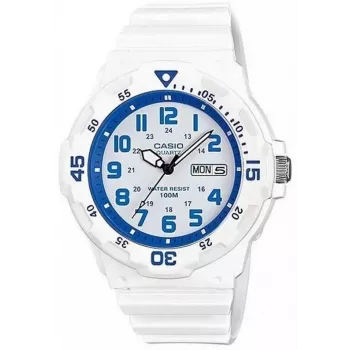 CASIO MRW200HC7B2VD Vīriešu analogais kvarca pulkstenis ar datuma un dienas rādījumu, 100m ūdensizturība, sveķu josla, balts ciparnīca, zils/sarkans rāmis