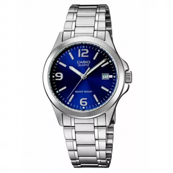 CASIO MTP-1215A-2A Vīriešu analogais kvarca pulkstenis ar zilu ciparnīcu un nerūsējošā tērauda aproci 43.3 mm