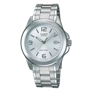 Casio MTP-1215A-7A Vīriešu analogais kvarca pulkstenis ar nerūsējošā tērauda rokassprādzi, sudraba ciparnīcu, 38,4 mm korpusu, datuma un dienas rādījumu, 50m ūdensizturību