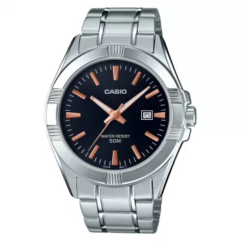 CASIO MTP-1308D-1A2 Vīriešu analogais kvarca pulkstenis, 48,9 mm, melns ciparnīca, sudraba nerūsējošā tērauda aproce