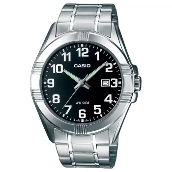 CASIO MTP-1308D-1B Vīriešu analogais kvarca pulkstenis, nerūsējošais tērauds, 43,5 mm, melns ciparnīca, datuma displejs