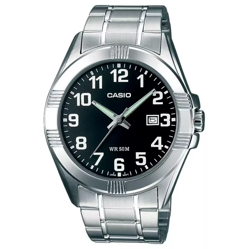 CASIO MTP-1308D-1B Vīriešu analogais kvarca pulkstenis, nerūsējošais tērauds, 43,5 mm, melns ciparnīca, datuma displejs