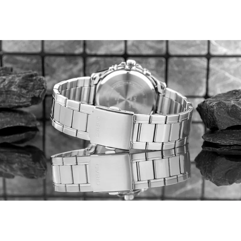 Casio MTP-1374D-2A3 Vīriešu analogais kvarca pulkstenis ar nerūsējošā tērauda rokassprādzi, zilu ciparnīcu, datumu un dienu, 50m ūdensizturība