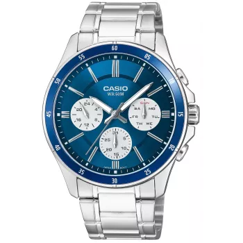 Casio MTP-1374D-2A3 Vīriešu analogais kvarca pulkstenis ar nerūsējošā tērauda rokassprādzi, zilu ciparnīcu, datumu un dienu, 50m ūdensizturība