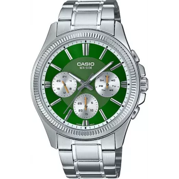 Casio MTP-1375D-3A Vīriešu analogais kvarca pulkstenis ar zaļu ciparnīcu un sudraba nerūsējošā tērauda aproci