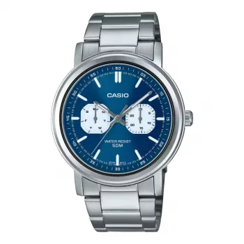 CASIO MTP-E335D-2E1VD Vīriešu analogais kvarca pulkstenis, zils ciparnīca, nerūsējošā tērauda aproce, 47,6 mm
