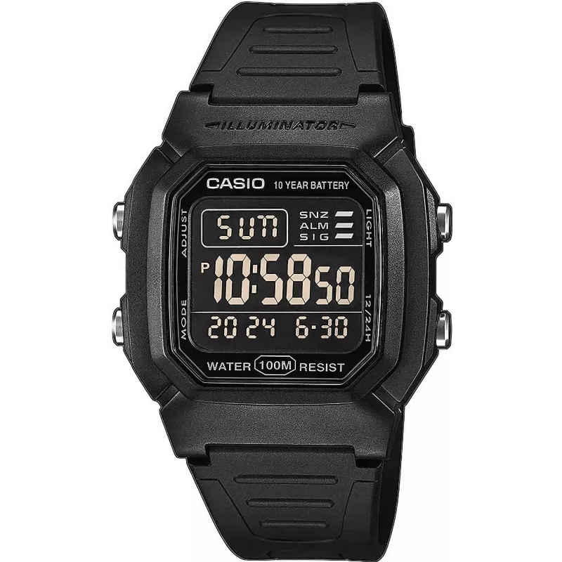 Casio W-800H-1BVES vīriešu digitālais pulkstenis — 100m ūdensizturīgs, kvarca kustība