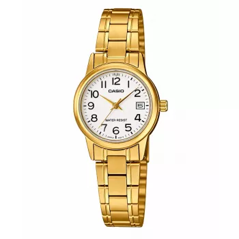 CASIO sieviešu LTP-V002G-7B2 analogais kvarca pulkstenis, 31 mm zelta jonu pārklājuma nerūsējošā tērauda korpuss, sudraba ciparnīca, aproce