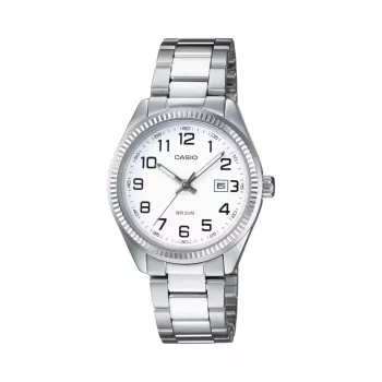 CASIO Sieviešu LTP1302PD7BVE Analogais kvarca pulkstenis, 34,5mm nerūsējošā tērauda korpuss, sudraba ciparnīca, datuma displejs