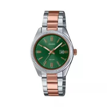 CASIO sieviešu LTP1302PRG3AV analogais kvarca pulkstenis 34,5 mm rozā zelta toņa nerūsējošais tērauds zaļš ciparnīca