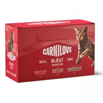 CAV CARNILOVE Kaķu paciņa želejā multipaka 12x85g mitrā kaķu barība, bez graudiem, pieaugušiem, jauktas garšas