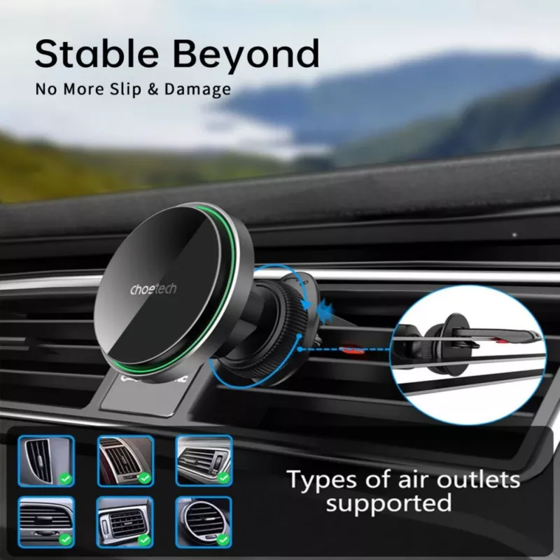 CHOETECH T204-F Magnetic Car Holder with 15W Wireless Charging - Black