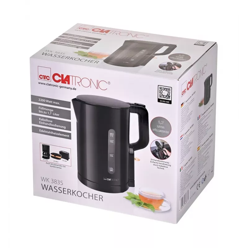 Clatronic WK 3835 Bezvadu elektriskā tējkanna 1.7L 2200W Melna plastmasa