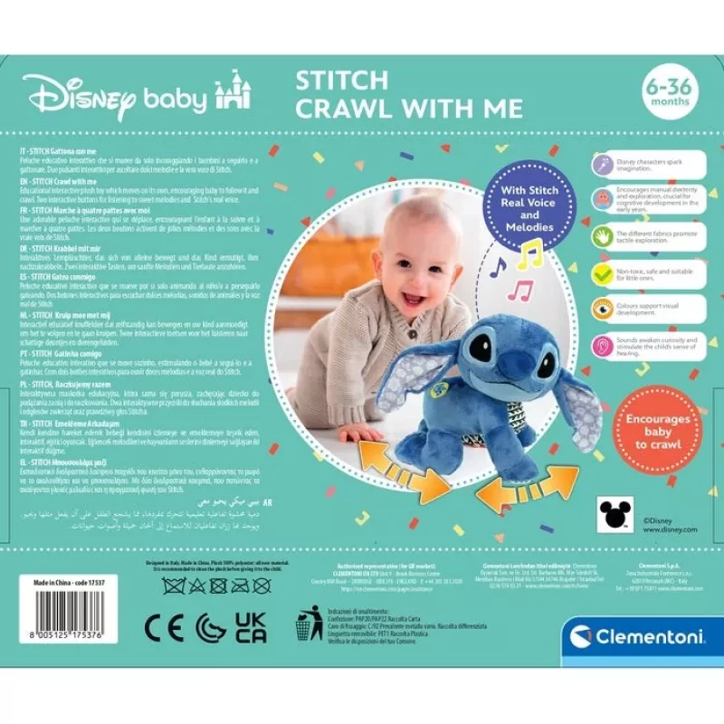 Clementoni Disney Baby Stitch We Crawl Together plīša rotaļlieta, zila, 25 cm, no dzimšanas
