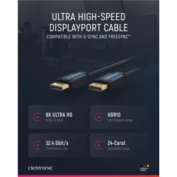 ClickTronic 40994 DisplayPort kabelis 2 m melns - 4K Ultra HD, ar zelta pārklājumu savienotāji, trīskāršs ekranējums