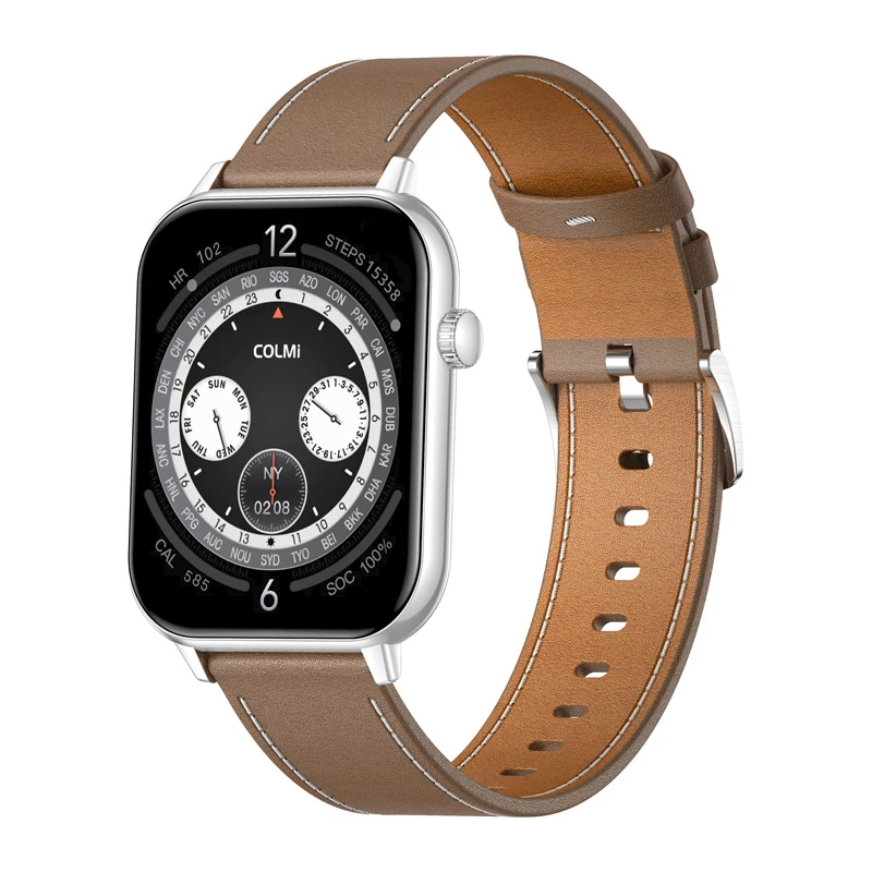 COLMI C28 Smartwatch – Sudraba + Brūna ādas siksniņa
