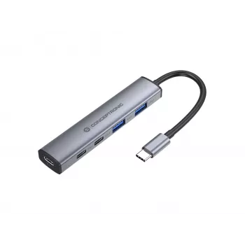 Conceptronic 4-in-1 USB-C Hub Dock ar 2x USB-C, 2x USB-A un 100W PD - Pelēks