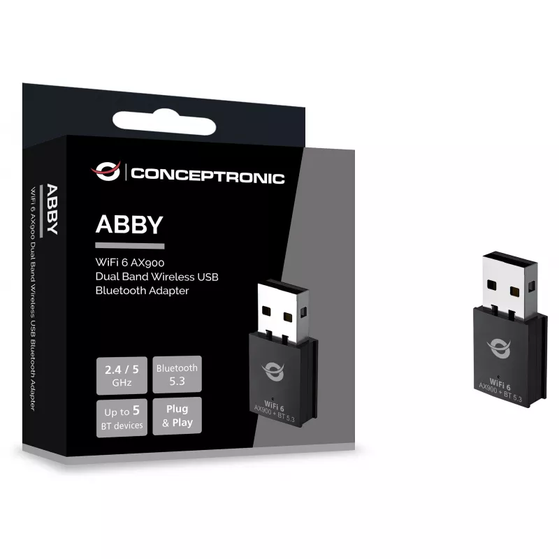 Conceptronic ABBY26B WiFi 6 AX900 divjoslu USB un Bluetooth 5.3 adapteris