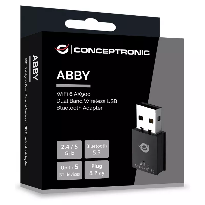 Conceptronic ABBY26B WiFi 6 AX900 divjoslu USB un Bluetooth 5.3 adapteris