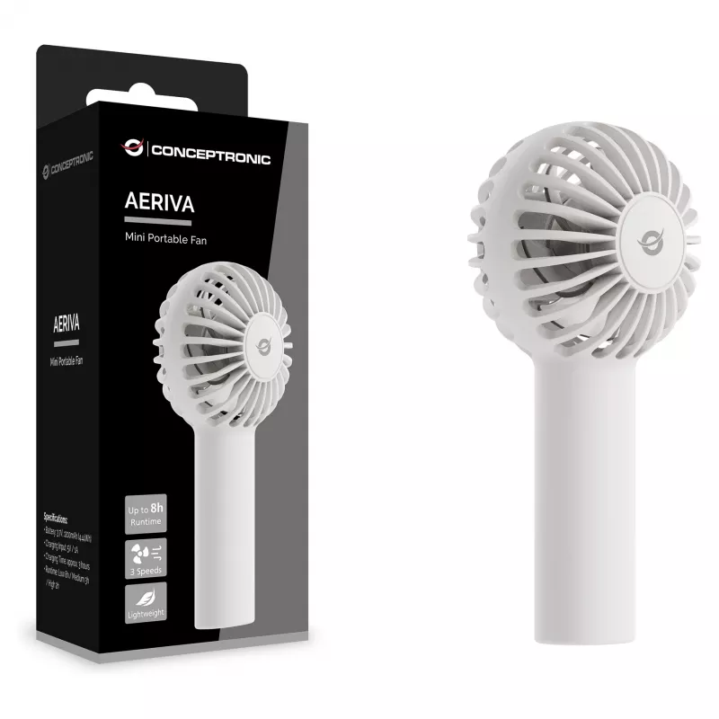 CONCEPTRONIC AERIVA01W Mini portatīvais ventilators balts – uzlādējams, 3 ātrumi, USB-C